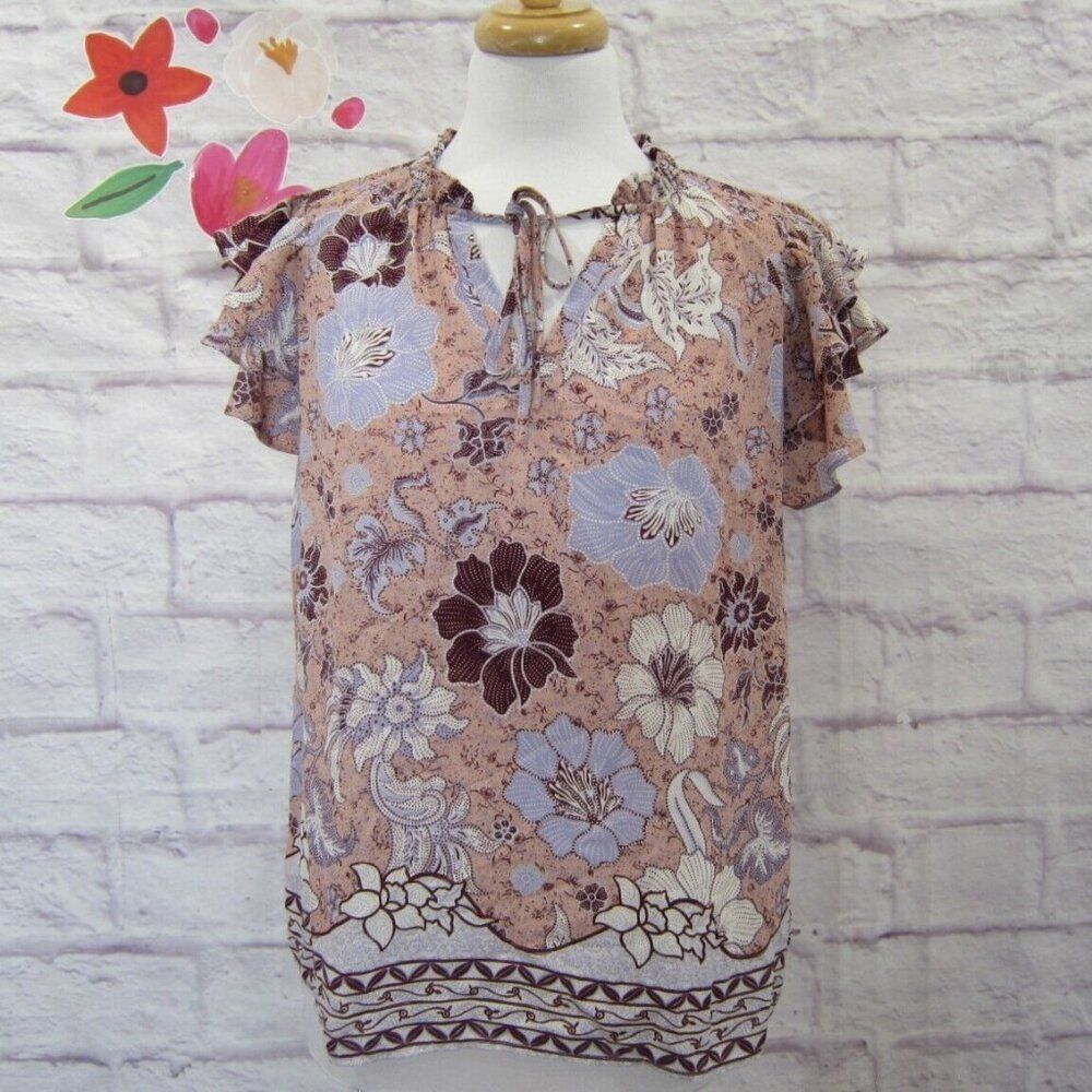 Joie Flutter Ruffle Sleeve Purple & Blush Pink Tie Neck Floral Blouse Top Size M